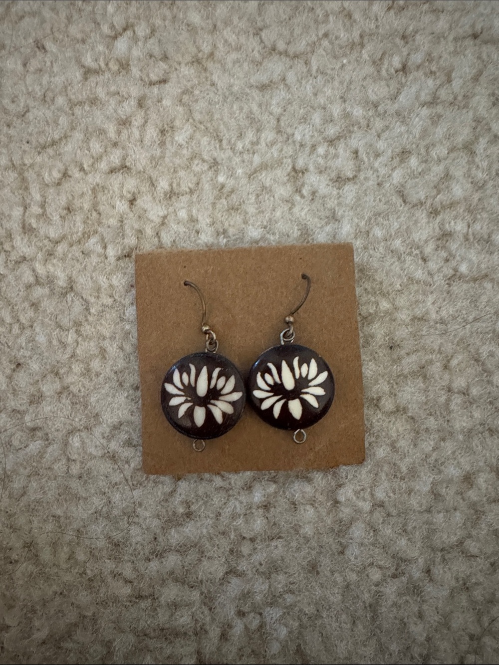 Handmade Dark Brown Lotus Drop Earrings with White Inlay
